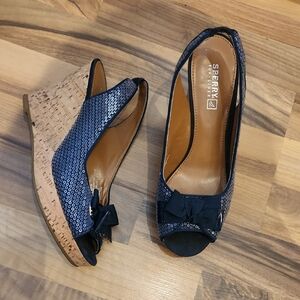 Sperry Navy Sequin Slingback Cork Wedges with Bow